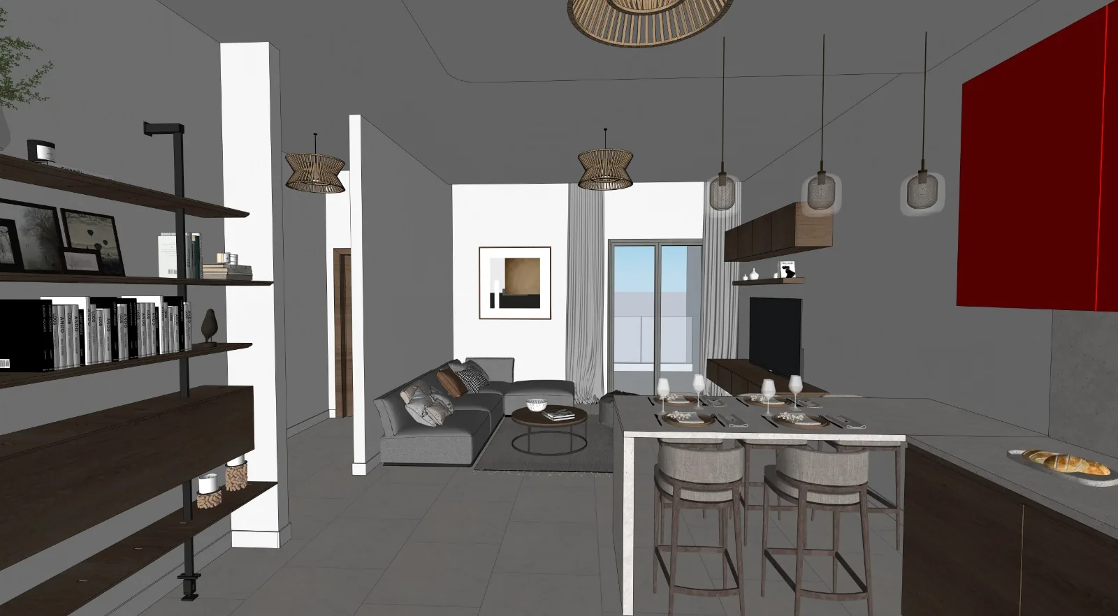 Raw SketchUp model of the Gharbi apartment living room, grey untextured surfaces