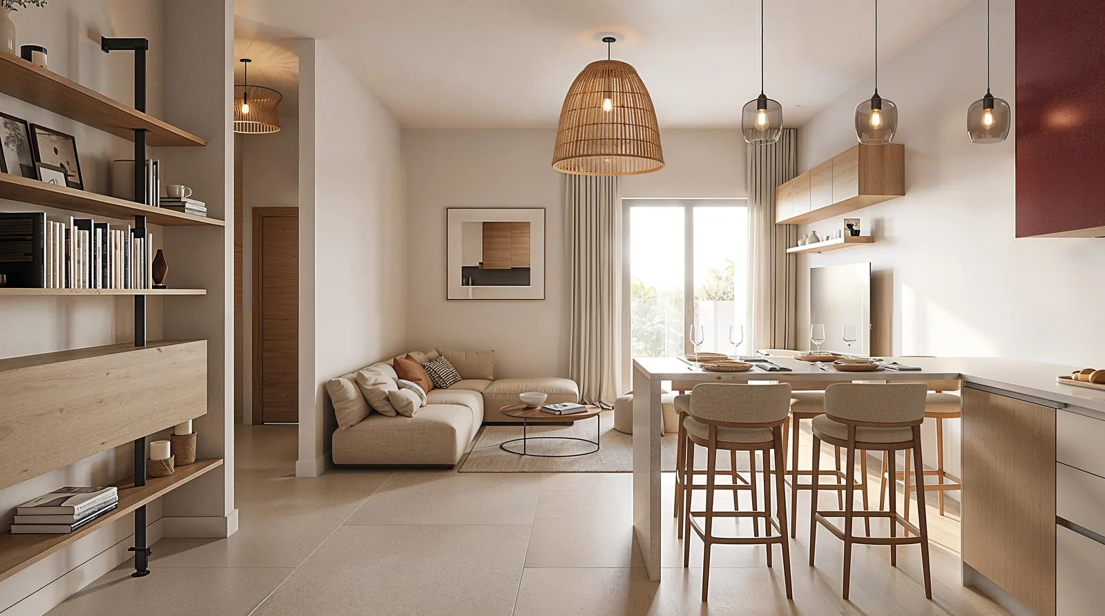 Final render of the Gharbi apartment living room with oak joinery and pendant lights