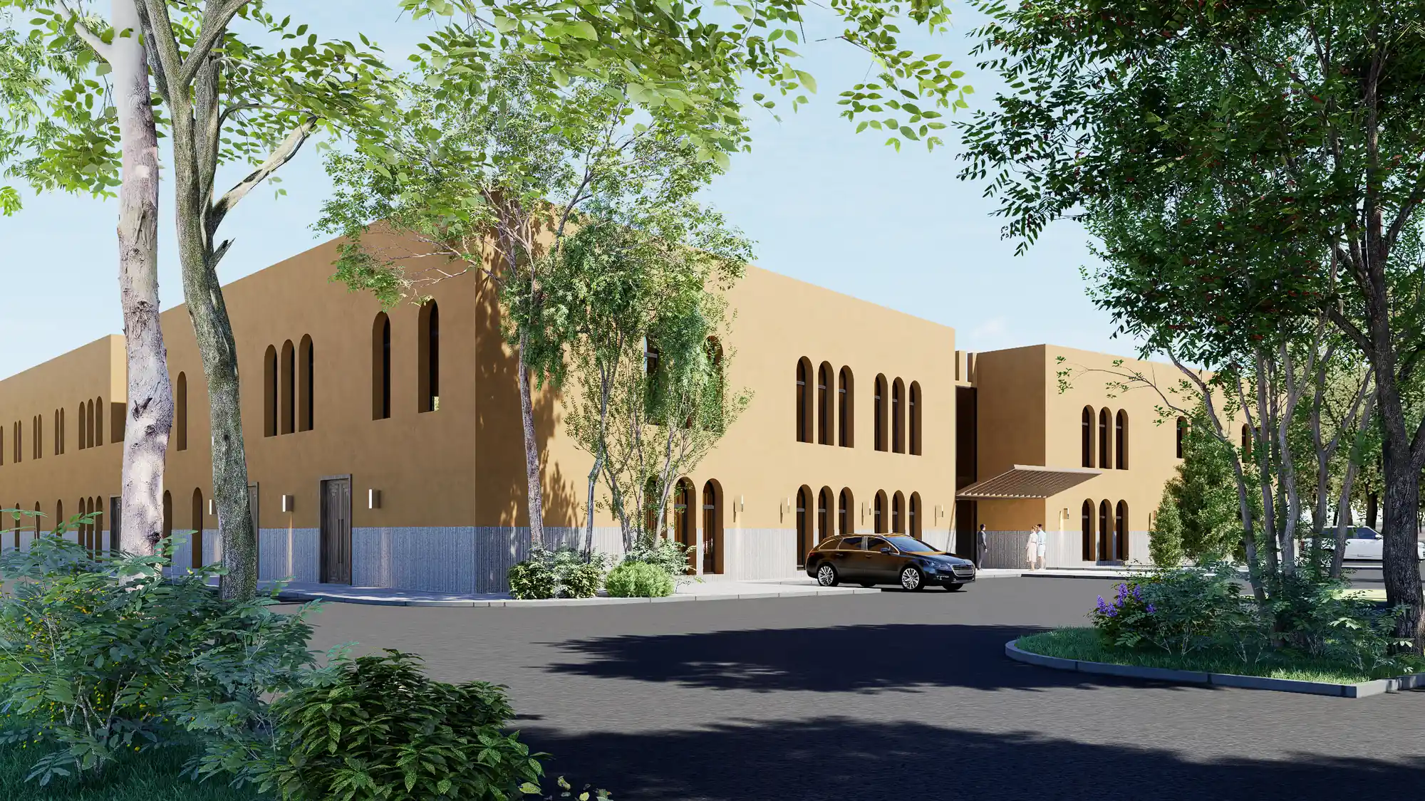 Exterior rendering of a two-storey ochre building with arched windows in Bibbiena, Tuscany, afternoon light